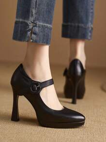 Women Fashion High Heel Platform Shoes With Strap & Thick Heel, Available In Pink, Apricot, Nude, Burgundy, Black, White, Red, Silver, Gold Leather Colors