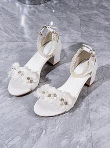 时尚低跟凉鞋女式百搭优雅法式新款中跟粗跟圆头新娘珍珠蝴蝶结水钻扣带复古经典大码女士高跟凉鞋潮流 44 - 查看 8
