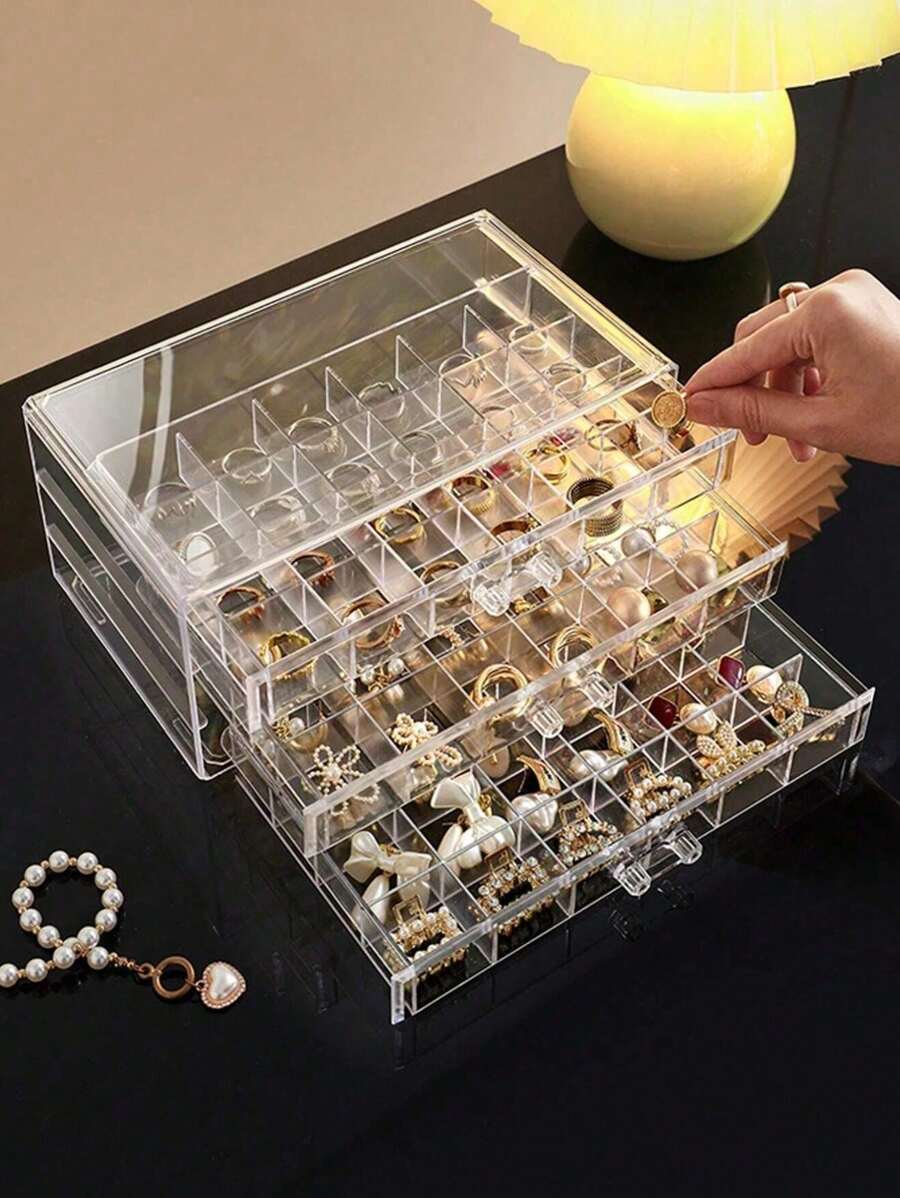 1pc 72-Slot Jewelry Drawer Organizer Box, Clear Plastic Storage Box For Nail Art Tools, Jewelry, Crafts, Suitable For Travel, Desktop, Women Jewelry Organizer, 3-Tier Drawer Organizer With Dividers - Transparent And Space-Saving Multifunctional Plastic Storage Box For Rings, Earrings, Necklaces Holiday, Bags For Woman, Jewelry Box, Jewelry Organizer, Jewellery Box - Multicolor - View 1