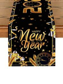 1 件黑金新年快乐亚麻桌旗，基督教雪花桌旗圣诞快乐家居装饰 2024 新年 2025