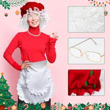 Décoration de Noël Lot de 3 pièces Costume de Mme Claus, Ensemble de robe de Mme Noël avec perruque, bonnette, lunettes pour déguisement de Noël