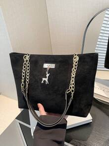 新款哑光皮革手提包，鹿金属装饰和天鹅绒设计，大容量休闲单肩包 - 黑色 - 查看 2