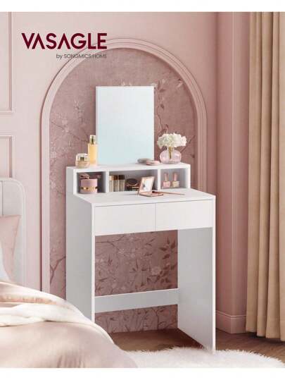  VASAGLE Modern White Dressing Table With 2 Drawers, Large Mirror, Anti-Tip Kit