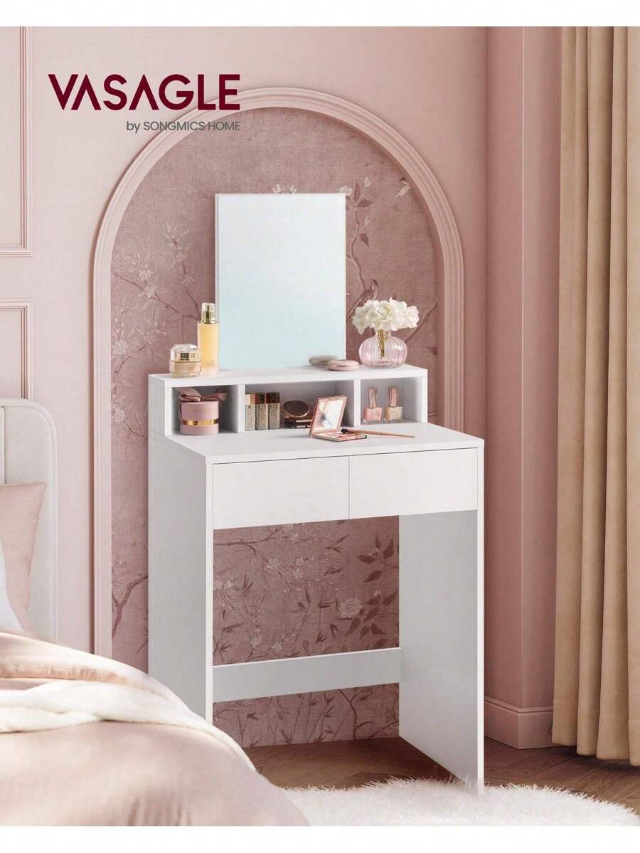 VASAGLE Modern White Dressing Table With 2 Drawers, Large Mirror, Anti-Tip Kit