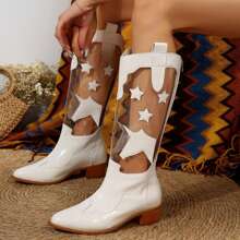Ladies' New Collection Waterproof Boots Women Heels Boots Women Chunky Heels White Boots Star-Patterned Pointy Boots With Chunky Heels Casual Chic Western Cowboy Boots For Spring And Fall - White - View 2