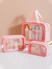 Set de 4 bolsas de aseo de viaje, organizador de maquillaje impermeable de PVC, portacepillos de maquillaje, estuche de maquillaje para lápiz labial, brillo de labios, pinceles de maquillaje, lápiz de cejas, paleta de sombras de ojos, ropa interior, pasta de dientes, cepillo de dientes, cosméticos, cuidado de la piel, esmalte de uñas, joyas, perfumes, papelería y accesorios digitales, decoración de baño, organizador de maquillaje de verano, accesorios de baño, vuelva a la escuela