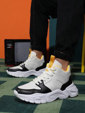 男士时尚户外春秋休闲运动鞋，时尚拼色高帮设计舒适防滑透气运动鞋