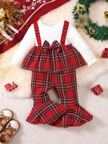 BrownBark 2pcs/Set Baby Girl Plaid Party Bow Decor Long Sleeve 2 In 1 Top & Flare Pants Outfit, Fashionable Casual Wear For Christmas Party, Daily And Gift