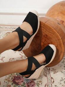 女士时尚交叉橡胶封闭式鞋头亚麻绳坡跟休闲鞋 - 黑色 - 查看 4