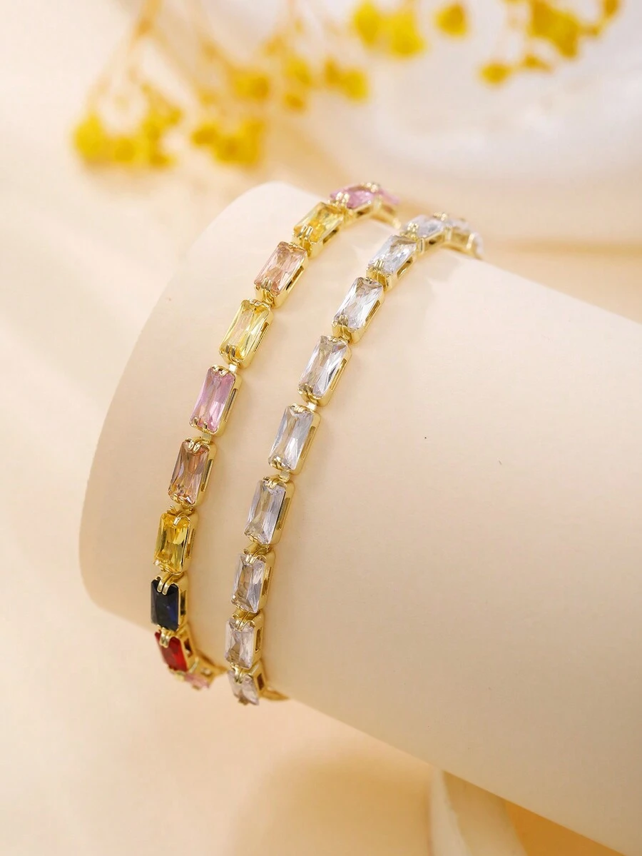 1 chiếc vòng tay có thể điều chỉnh bằng đồng mạ vàng 14k đính đá Zirconia thời trang & tinh tế dành cho nữ - Nhiều màu - Xem 1