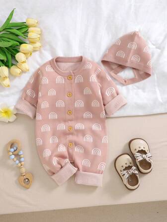 2 件装女婴舒适圆领长袖针织连体衣和配套帽子，休闲百搭，适合外出