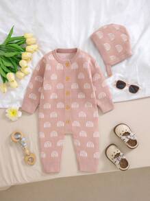 Bộ 2 quần áo liền thân dệt kim cổ tròn dài tay thoải mái cho bé gái và mũ phù hợp, giản dị và đa năng cho các chuyến đi chơi - Hồng - Xem 3
