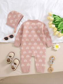 Bộ 2 quần áo liền thân dệt kim cổ tròn dài tay thoải mái cho bé gái và mũ phù hợp, giản dị và đa năng cho các chuyến đi chơi - Hồng - Xem 2