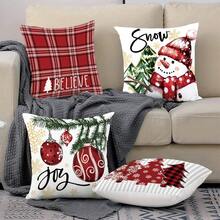 4 件/1 件圣诞树、雪人和格子印花装饰靠垫套、圣诞节节日派对家居装饰沙发抱枕套 - 彩色 - 查看 3