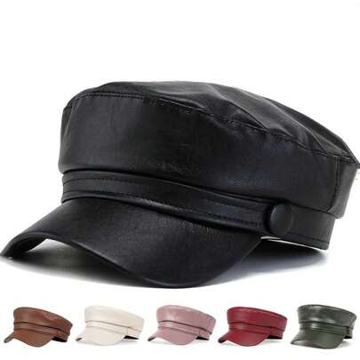 1pc Men's Star PU Leather Navy Cap, Solid Color Flat Top Hat, Outdoor Casual Warm Hat Suitable For Autumn/Winter Travel, Beach Party