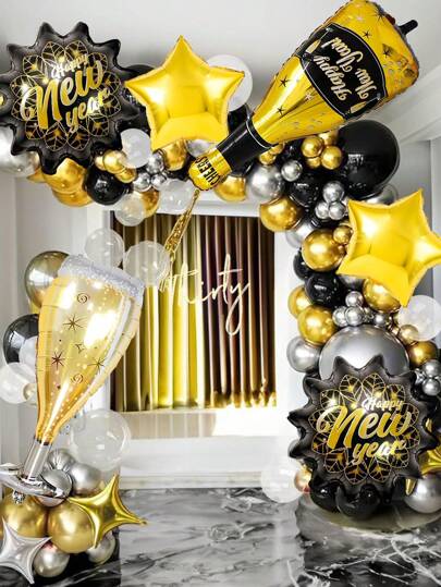 6 件套 2026 新年气球套装，包含新年树叶、金色星星、酒瓶和香槟形状，适用于新年派对装饰、新年主题、毕业派对、生日婚礼派对、周年纪念装饰、除夕派对