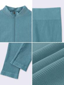 1 Set Women's Matte Sportswear, Ribbed Zip-Up Athletic Jacket And Stretchy Sweatpants - Mint Blue - View 4