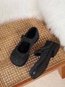 Fashionable Mary Jane Flats For Women, Vintage French Style Fuzzy Fabric Slip-On Shoes, Suitable For Autumn/Winter - Black - View 4