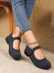 Fashionable Mary Jane Flats For Women, Vintage French Style Fuzzy Fabric Slip-On Shoes, Suitable For Autumn/Winter - Black - View 3