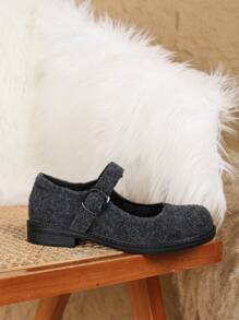 Fashionable Mary Jane Flats For Women, Vintage French Style Fuzzy Fabric Slip-On Shoes, Suitable For Autumn/Winter - Black - View 5