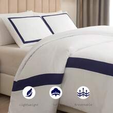 Hotel Duvet Cover Set 3Pcs Microfiber Simple Line Style Bedding Set Ultra Soft Quilt Cover Set With Pillowcases, Navy, Double - Navy - View 3