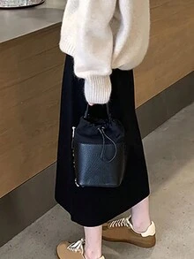 Alicedudu 女士纯色简约设计修身 A 字裙，休闲日常穿着 - 黑色 - 查看 5