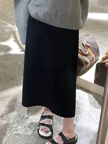 Alicedudu 女士纯色简约设计修身 A 字裙，休闲日常穿着 - 黑色 - 查看 3