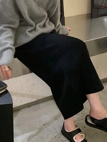 Alicedudu 女士纯色简约设计修身 A 字裙，休闲日常穿着 - 黑色 - 查看 7