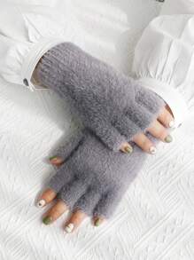 1 par de guantes sin dedos mullidos de unicolor para mujer, calentadores de muñeca de punto, adecuados para el calor diario de invierno en deportes al aire libre