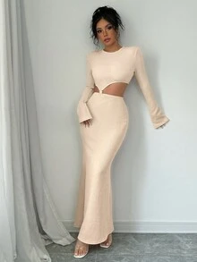 Vestido longo justo com decote redondo e cintura reveladora, cor sólida, manga comprida, bainha sereia, elegante, elegante, para festa, casual, simples, para mulheres, para encontros, outono e inverno - Damasco - Ver 5