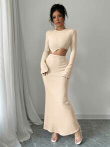 Vestido longo justo com decote redondo e cintura reveladora, cor sólida, manga comprida, bainha sereia, elegante, elegante, para festa, casual, simples, para mulheres, para encontros, outono e inverno - Damasco - Ver 3