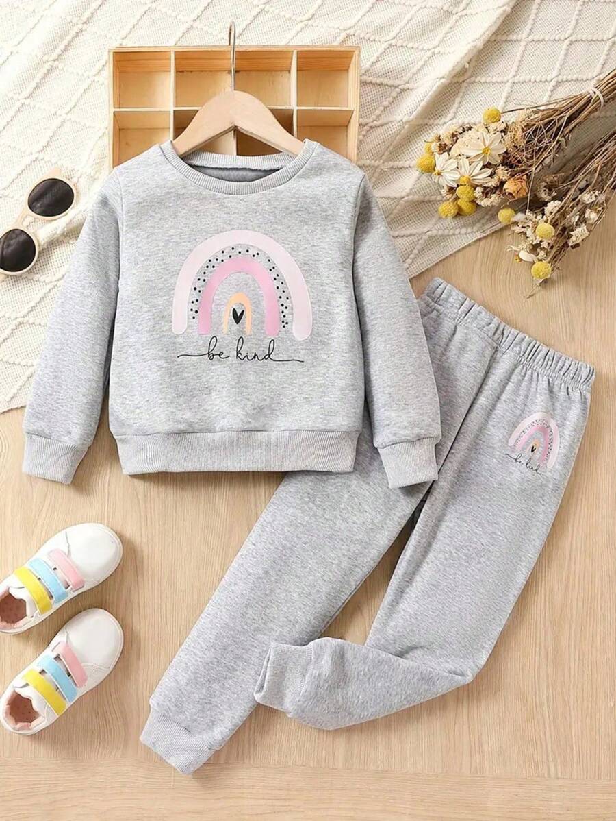 Young Girl 2-Piece Be Kind Rainbow Print Long Sleeve Top And Jogger Pants Set - Soft Non-Stretch Polyester Fabric, Crew Neck, Machine Washable, Casual Outfit , Perfect For Sports, Spring, Fall, And Winter Seasons