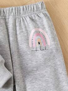 Young Girl 2-Piece Be Kind Rainbow Print Long Sleeve Top And Jogger Pants Set - Soft Non-Stretch Polyester Fabric, Crew Neck, Machine Washable, Casual Outfit , Perfect For Sports, Spring, Fall, And Winter Seasons