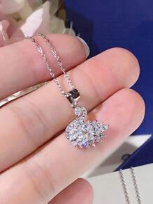 1pc Exquisite & Elegant Pink Cubic Zirconia Embedded Animals Shape Pendant Women's Clavicle Necklace, Ideal Dating Gift - Silver - View 8