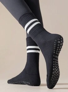 4 双女士透气黑色、白色、粉色、紫色硅胶防滑条纹瑜伽、健身、运动中筒袜，时尚秋冬款 - 彩色 - 查看 7