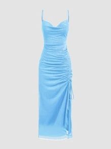 Women Glitter Drawstring Side Slit Ruffle Draped Neck Maxi Slip Dress Party Dress Wedding Guest Dress - Baby Blue - View 1