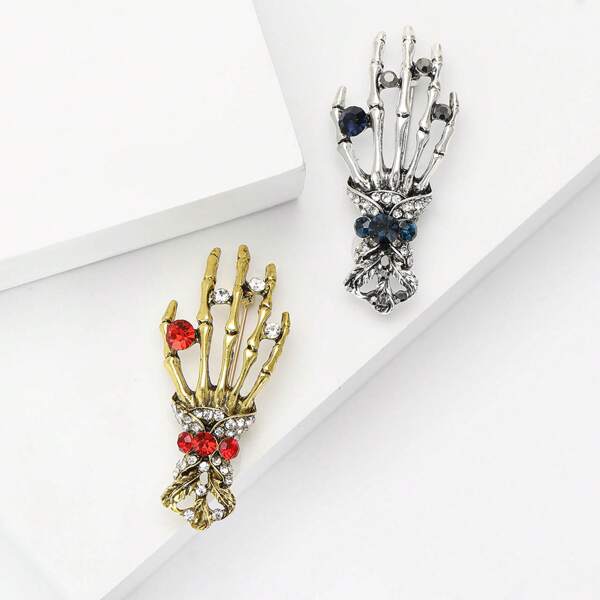 1pc Vintage Rhinestone Skull Skeleton Brooch, Punk Style Fashion Accessory