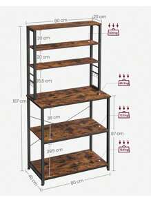 VASAGLE Kitchen Storage Rack, Coffee Bar, Baker's Rack, Total 6 Shelves And 6 Hooks, For Microwave, Steel Frame, Industrial, 40 X 80 X 167 Cm, Rustic Brown And Black