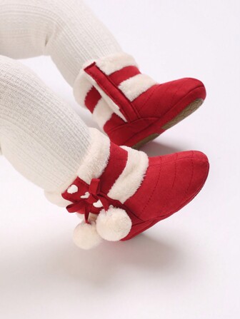 冬季雪地婴儿靴，保暖羊毛球，室内/室外软橡胶底婴儿新生儿鞋