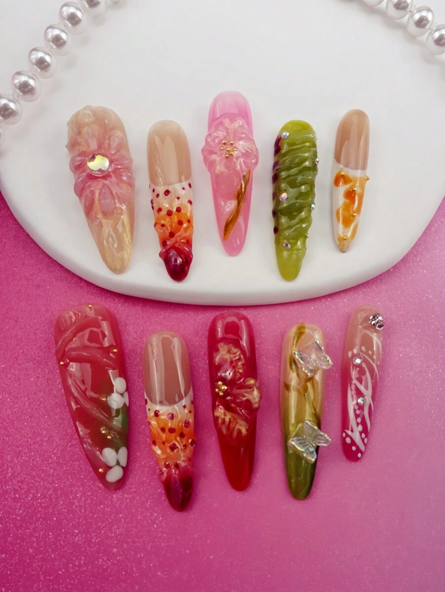 10 cái/bộ đầu móng tay hoa chạm khắc 3D | Móng tay dài thời trang Y2K | Bộ móng tay giả thanh lịch ombre vẽ tay, làm riêng cho phụ nữ và trẻ em gái - Nhiều màu - Xem 1