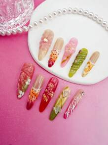 10 cái/bộ đầu móng tay hoa chạm khắc 3D | Móng tay dài thời trang Y2K | Bộ móng tay giả thanh lịch ombre vẽ tay, làm riêng cho phụ nữ và trẻ em gái - Nhiều màu - Xem 2