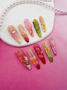 10 cái/bộ đầu móng tay hoa chạm khắc 3D | Móng tay dài thời trang Y2K | Bộ móng tay giả thanh lịch ombre vẽ tay, làm riêng cho phụ nữ và trẻ em gái - Nhiều màu - Xem 4