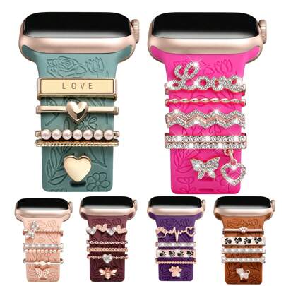 5pcs Metal Charms Decorative Ring Compatible With Apple Watch Band 20MM Watch Band Diamond Ornament Smart Watch Silicone Strap Accessories Bracelet Accessories