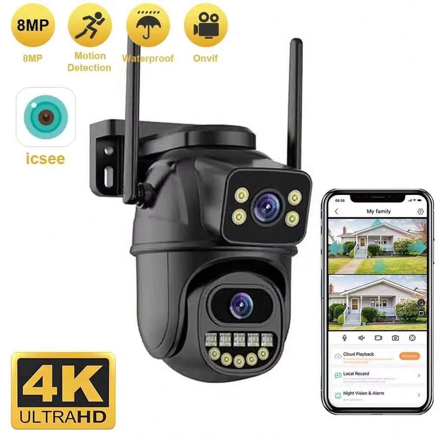 4K 8MP WiFi Surveillance Camera, Dual Lens, 4X Digital Zoom, AI Human