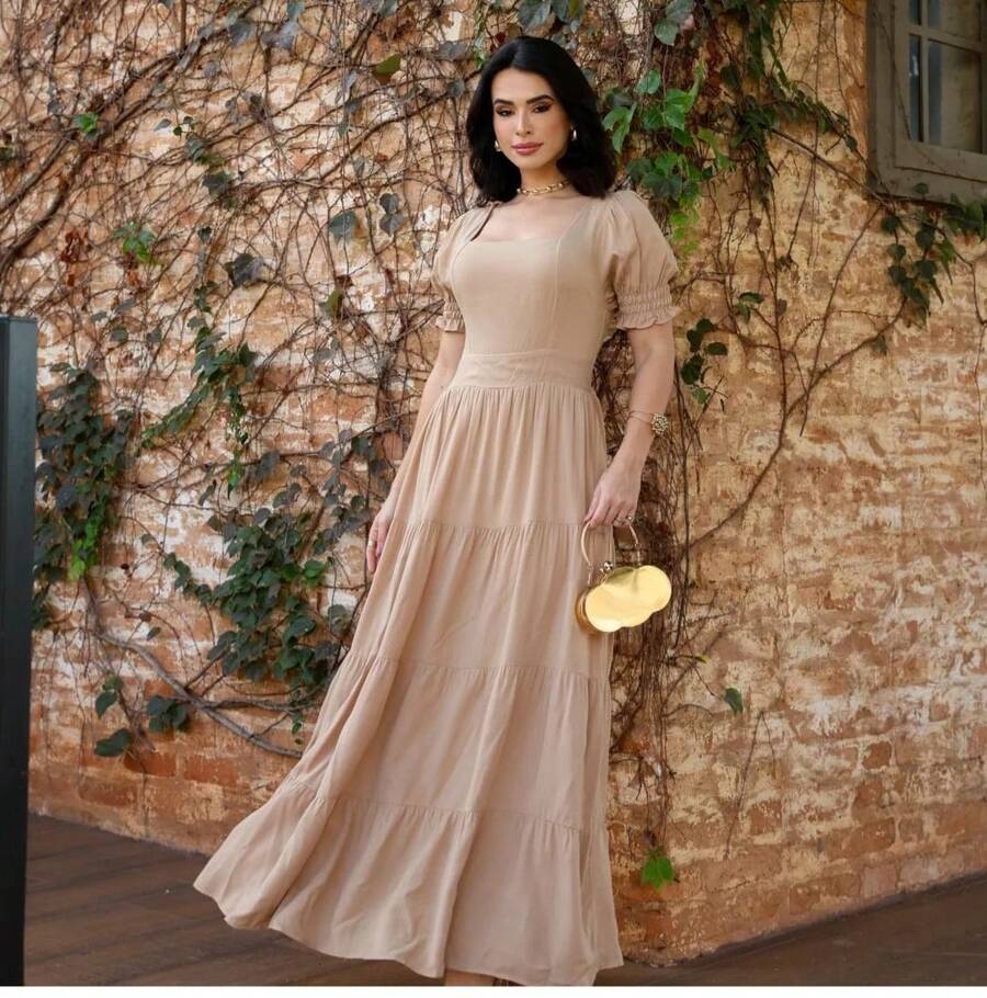 LUXURY LONG DRESS, ELEGANT, PLAIN, SHORT SLEEVES - Màu be - Xem 1