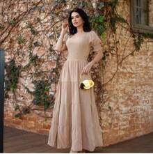 LUXURY LONG DRESS, ELEGANT, PLAIN, SHORT SLEEVES - Màu be - Xem 2
