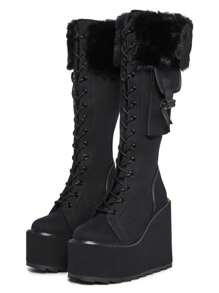 Punk Gothic Women Combat Boots Chunky Wedges Heel Fur Mid Calf Platform Luxury Winter Halloween Shoes Woman - màu đen - Xem 3