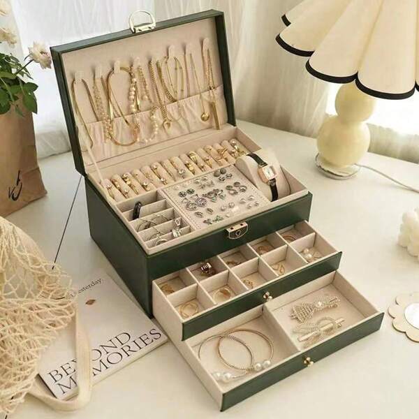 1 Peça Elegante Organizador de Jóias de 3 Camadas com Trava - Espaçoso Armazenamento para Colares, Brincos, Anéis | Gavetas Forradas Suaves | Presente Perfeito para Mulheres e Meninas