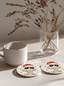 1pc Customized Christmas Cool Cat Ceramic Coaster, Water Absorbent Drink Coaster, Personalized Name, For Beverages, Tea And Coffee Cups, Home And Restaurant Decor, Holiday Gift Essential - Multicolor - View 3