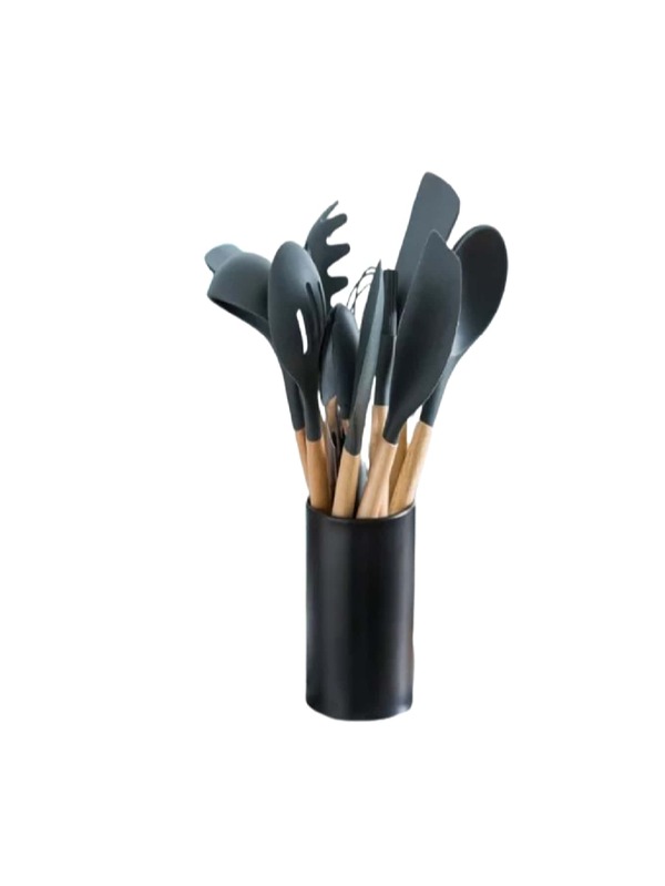 Kit Jogo de Cozinha com 12 Peças Utensílios Cozinha Em Silicone Maciço E Cabos De Madeira
